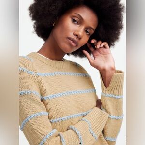 MADEWELL TEXTURED COTTON CREWNECK SWEATER IN STRIPE, PALE BLUE, SIZE XS,